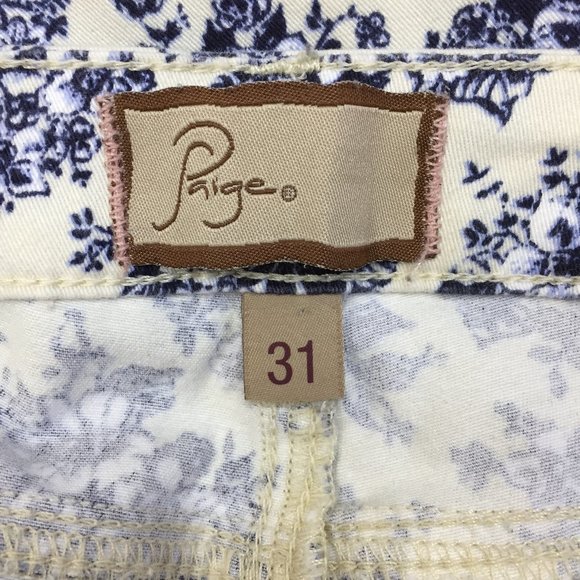 PAIGE Blue White Floral Print PEG 5 Pocket Logo Hardware Skinny Jeans - Picture 2 of 10